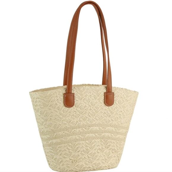 Summer Cream Woven Tote Shoulder And Tote Bag with Tan Straps - Picture 1 of 6